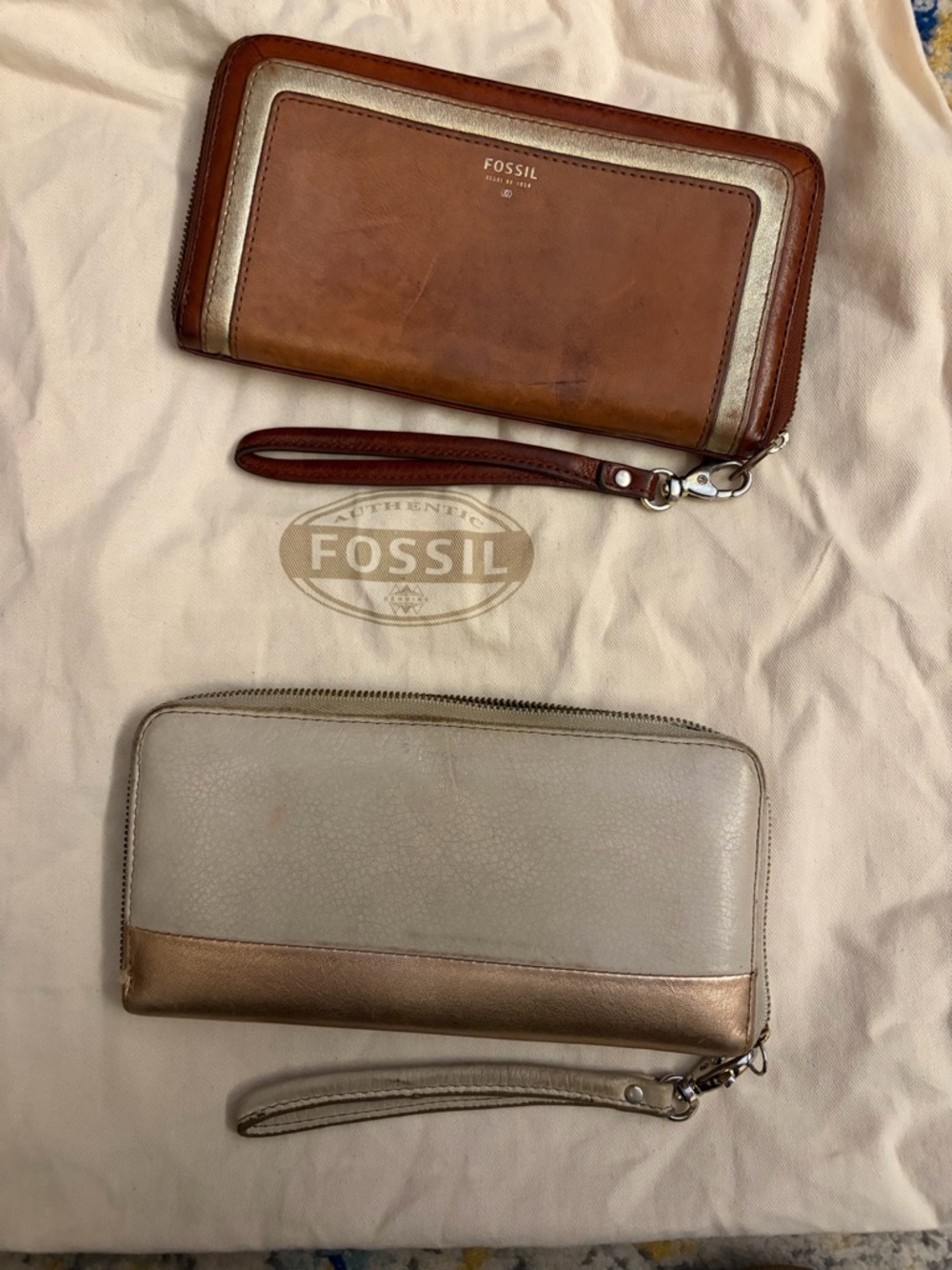 Fossil Brown and Light Gray Leather Zip Wristlet Wallets